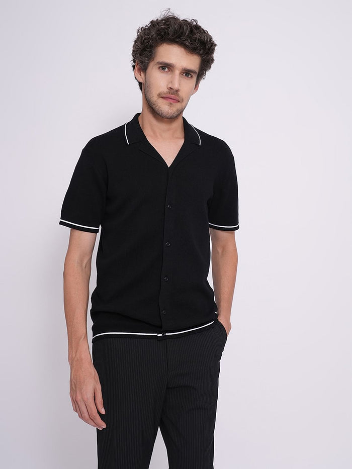 Black Cotton Knitted Polo