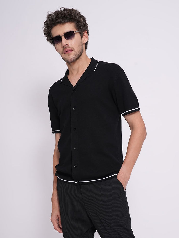 Black Cotton Knitted Polo