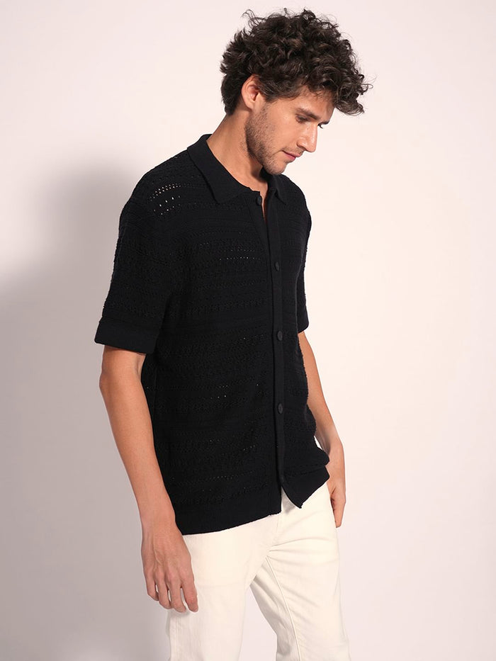 Black Crochet Organic Cotton Polo