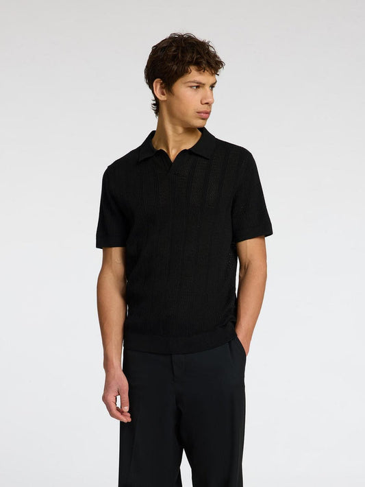 Black Crochet Split Neck Polo