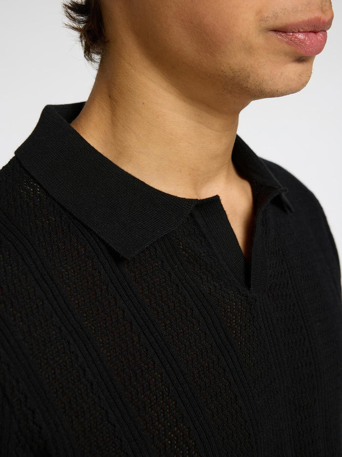 Black Crochet Split Neck Polo