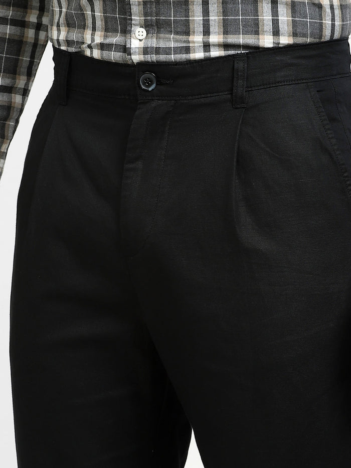 Black Mid Rise Linen Blend Pants