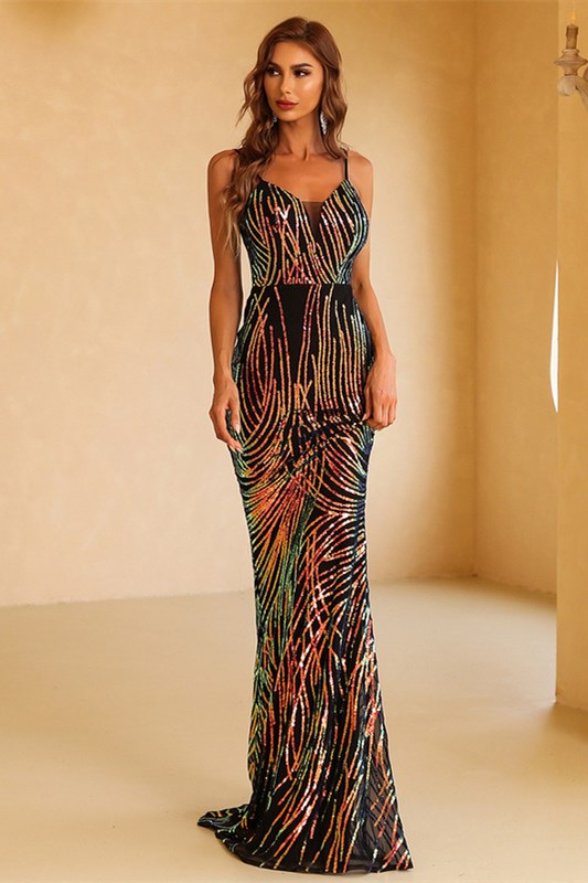 Black Multi Sequin Backless Mermaid Long Evening Dress