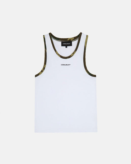 BLACK OPS TANK TOP WHITE - white tank top with camo trim, front view - Cold Culture