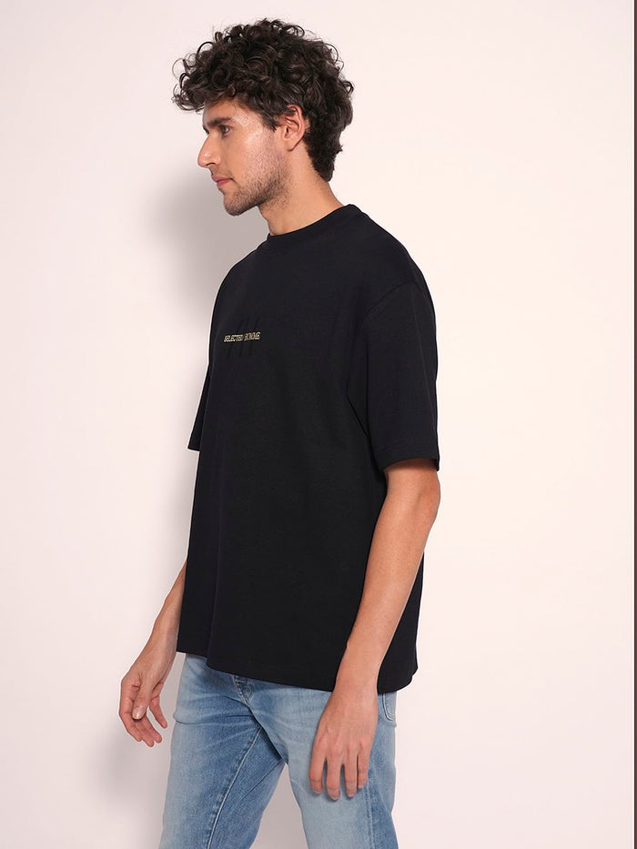 Black Ribbed Logo Print T-Shirt