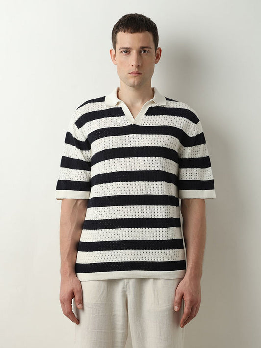 Black Striped Knitted Polo T-shirt