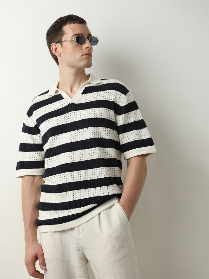 Black Striped Knitted Polo T-shirt