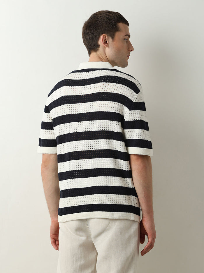 Black Striped Knitted Polo T-shirt