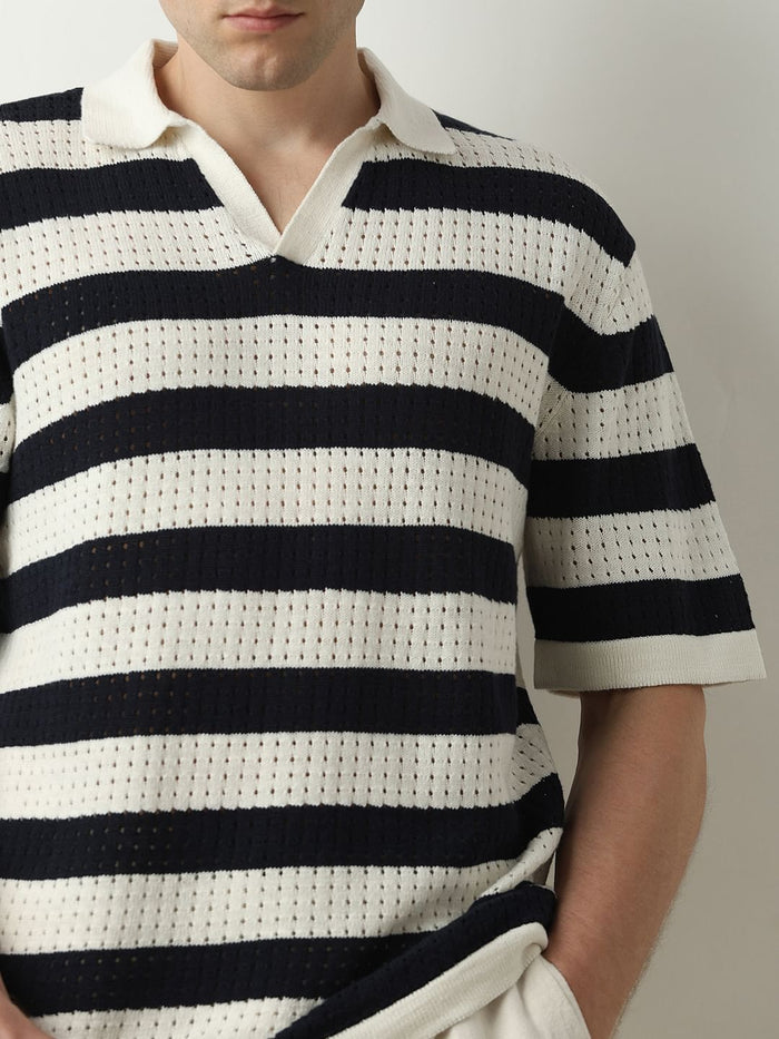 Black Striped Knitted Polo T-shirt