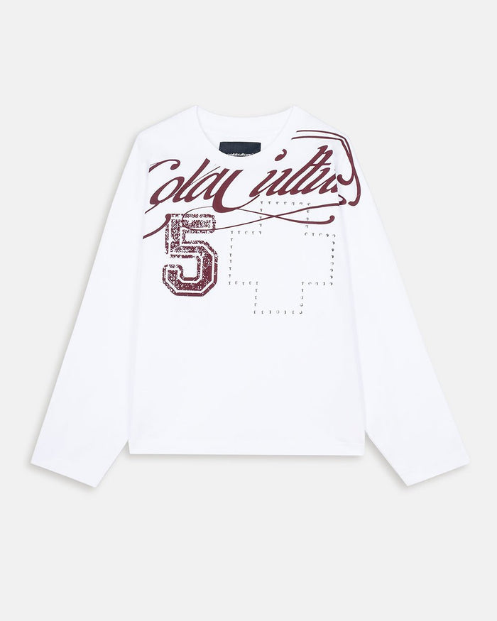 BLESSINGS LONGSLEEVE WHITE - white script print longsleeve tee, front view - Cold Culture