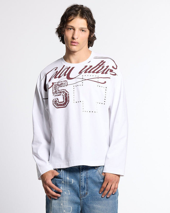 BLESSINGS LONGSLEEVE WHITE - white script print longsleeve tee, front view on male model - Cold Culture