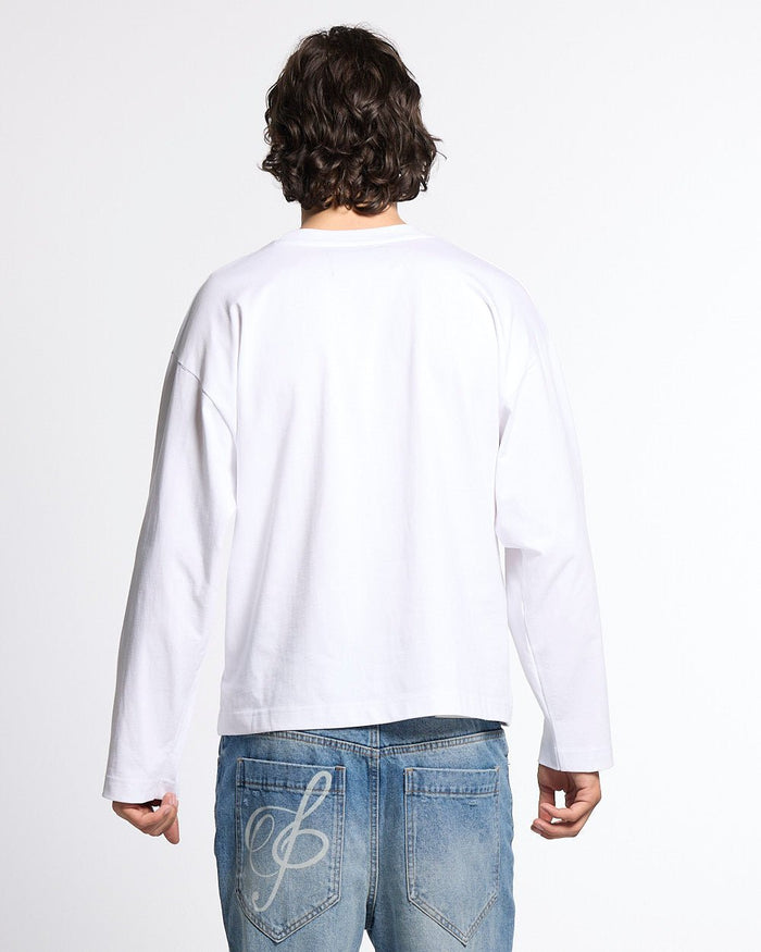 BLESSINGS LONGSLEEVE WHITE - white script print longsleeve tee, back view on male model - Cold Culture