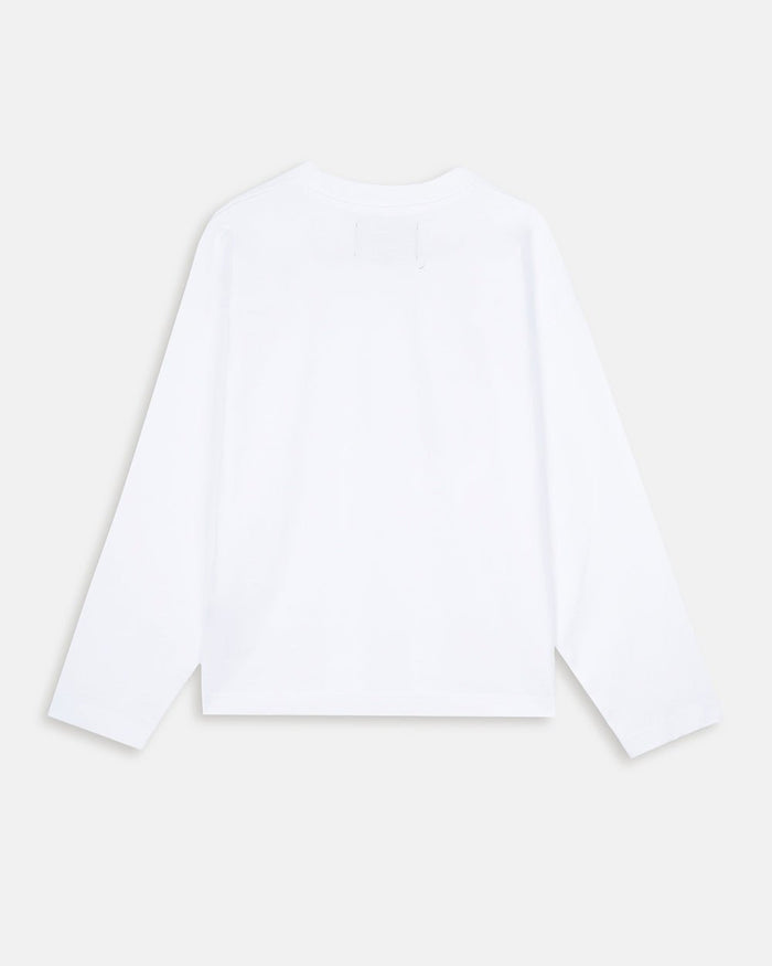 BLESSINGS LONGSLEEVE WHITE - white script print longsleeve tee, back view - Cold Culture