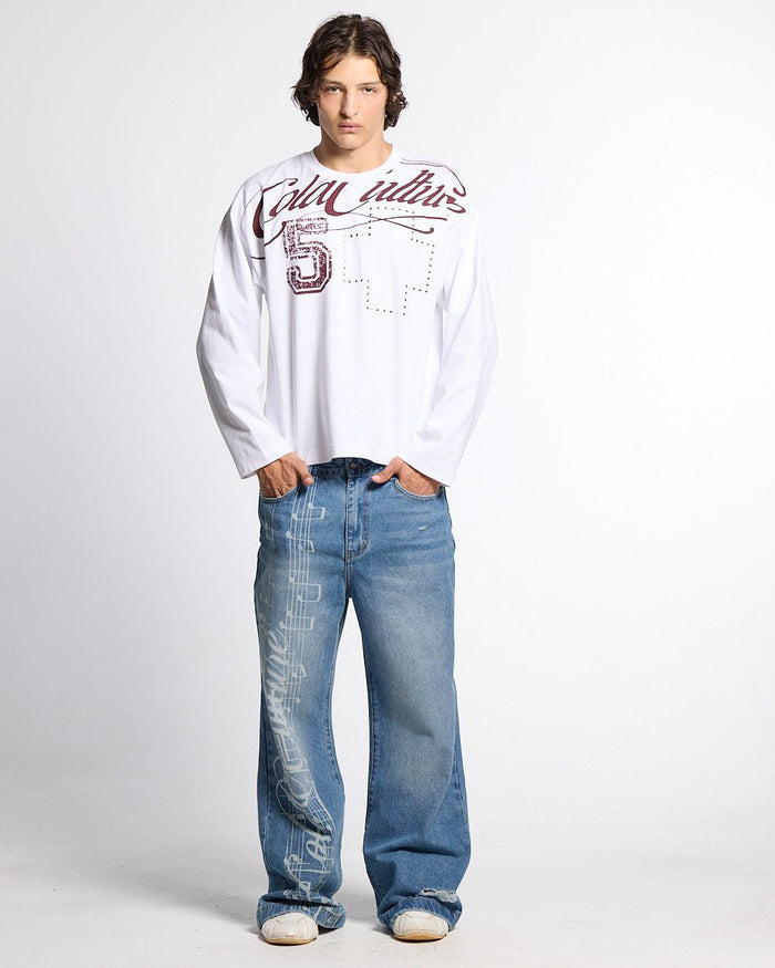 BLESSINGS LONGSLEEVE WHITE - white script print longsleeve tee, front view on male model - Cold Culture