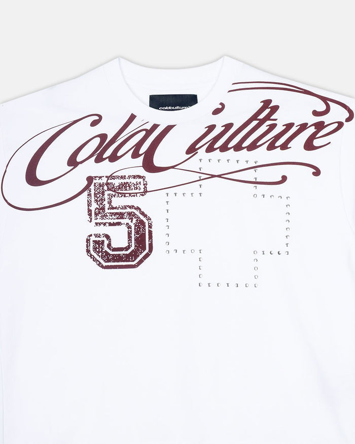 BLESSINGS LONGSLEEVE WHITE - white script print longsleeve tee, detail close-up - Cold Culture