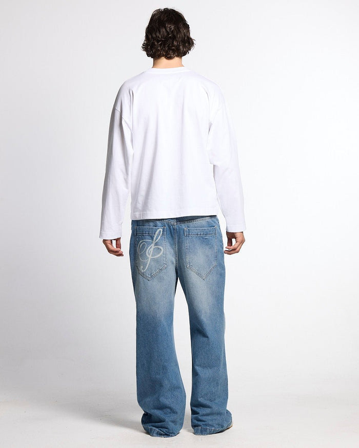 BLESSINGS LONGSLEEVE WHITE - white script print longsleeve tee, back view on male model - Cold Culture