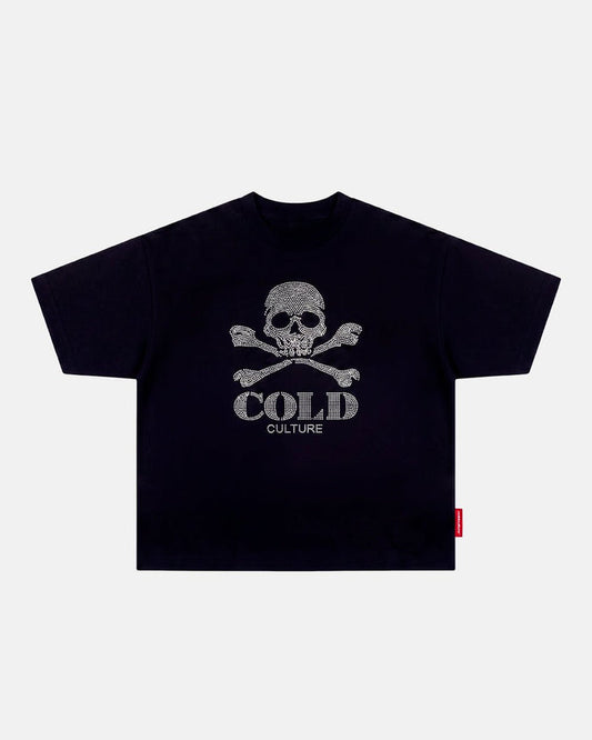 BLING SKULL TEE BLACK - black skull graphic tee, front view - Cold Culture