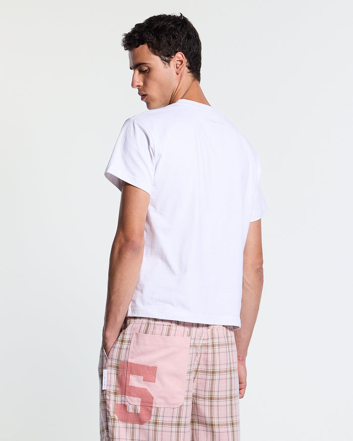 BLING TEE WHITE - white rhinestone script tee, back view on male model - Cold Culture