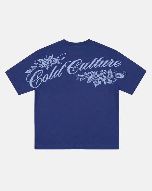 BLOOM TEE NAVY - navy floral print tee, back view - Cold Culture