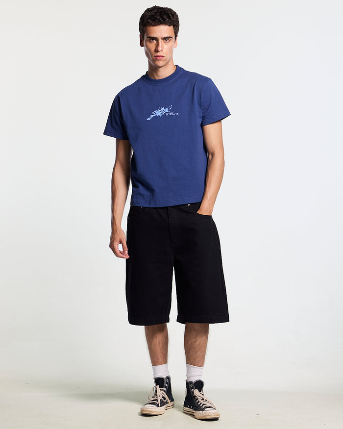 BLOOM TEE NAVY - navy floral print tee, front view on male model - Cold Culture