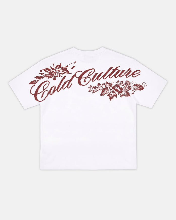 BLOOM TEE WHITE - white floral print tee, back view - Cold Culture