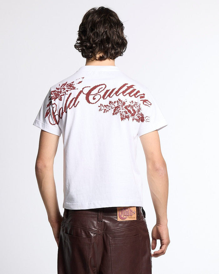 BLOOM TEE WHITE - white floral print tee, back view on male model - Cold Culture