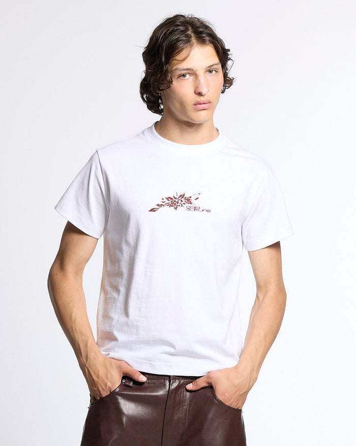 BLOOM TEE WHITE - white floral print tee, front view on male model - Cold Culture