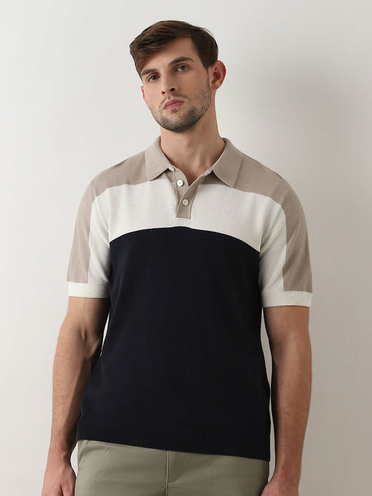 Blue Colourblocked Knitted Polo