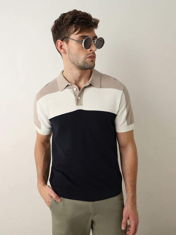 Blue Colourblocked Knitted Polo