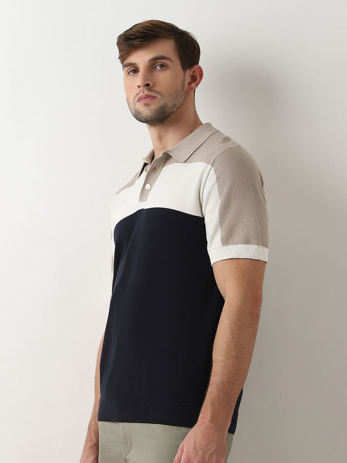 Blue Colourblocked Knitted Polo