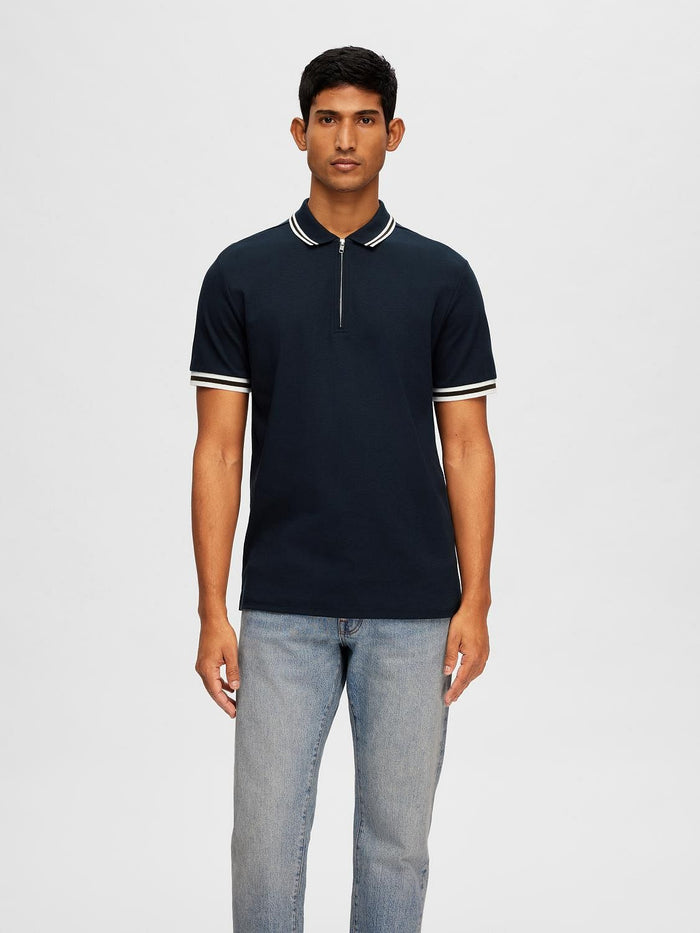 Blue Cotton Zipped Polo T-shirt