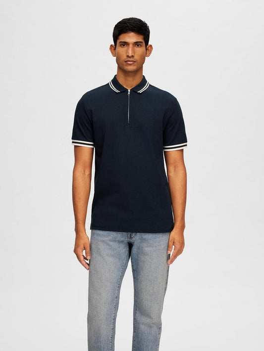 Blue Cotton Zipped Polo T-shirt