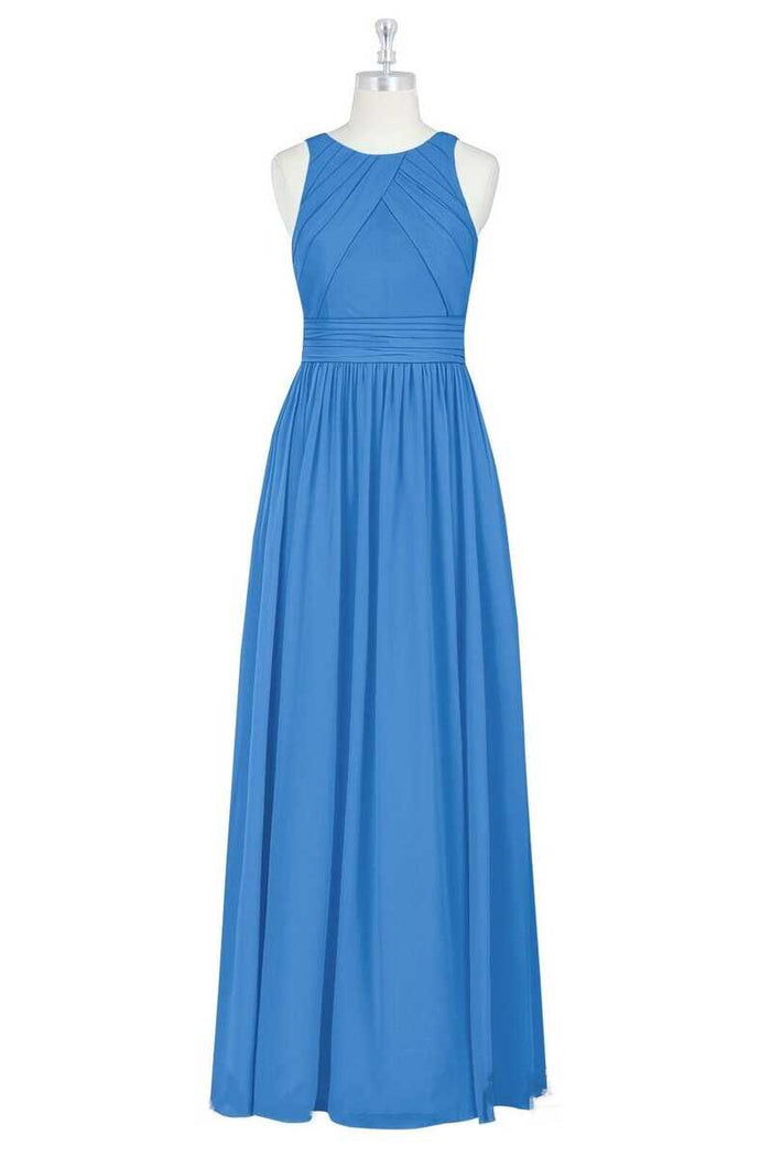 Blue Crew Neck Sleeveless A-Line Long Maid of Honor Dress