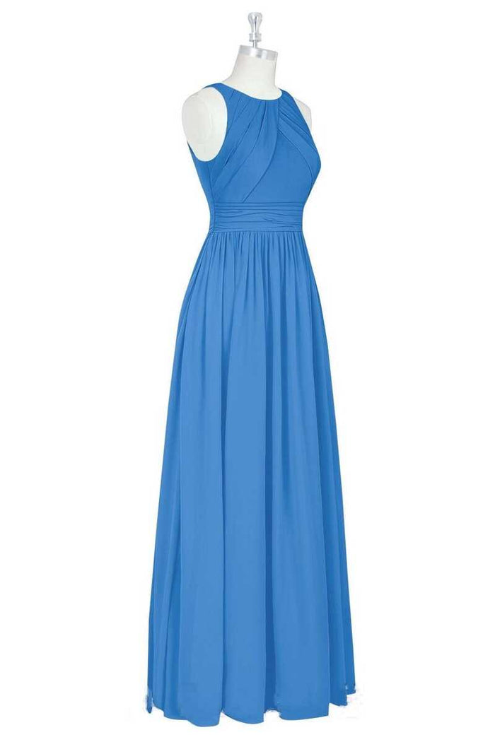 Blue Crew Neck Sleeveless A-Line Long Maid of Honor Dress