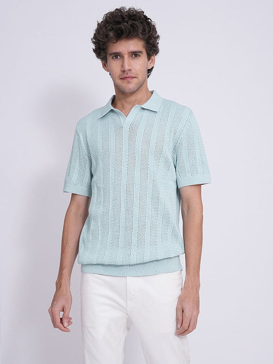 Blue Crochet Organic Cotton Knit Polo