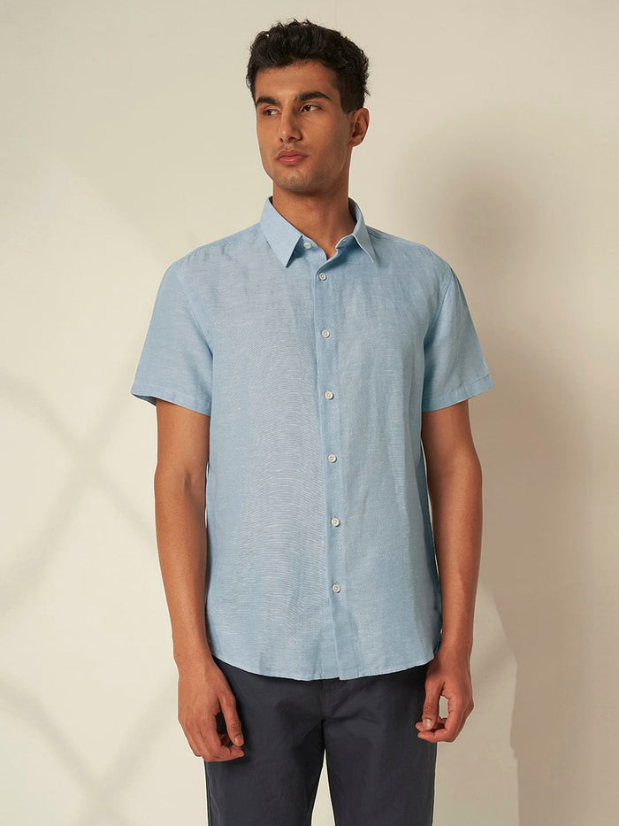 Blue Linen Cuban Collar Shirt
