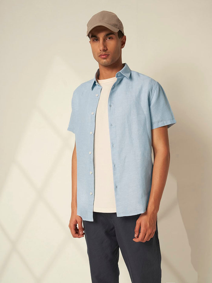 Blue Linen Cuban Collar Shirt