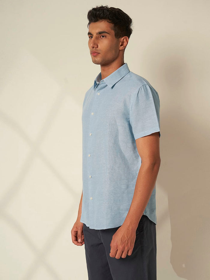 Blue Linen Cuban Collar Shirt