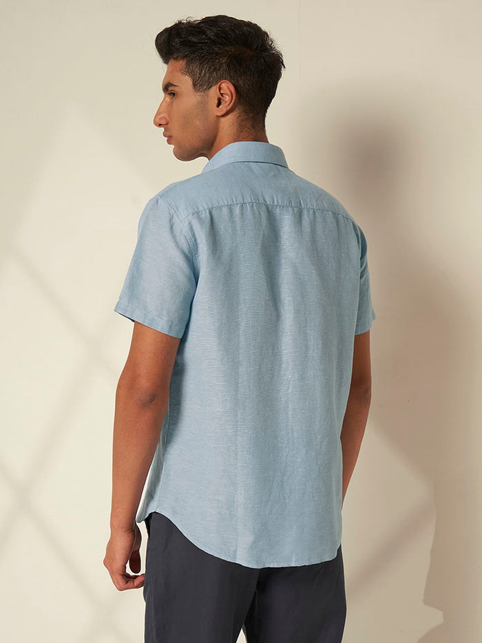 Blue Linen Cuban Collar Shirt