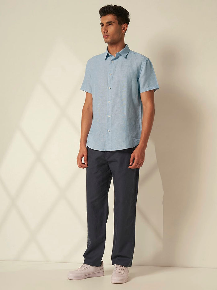 Blue Linen Cuban Collar Shirt
