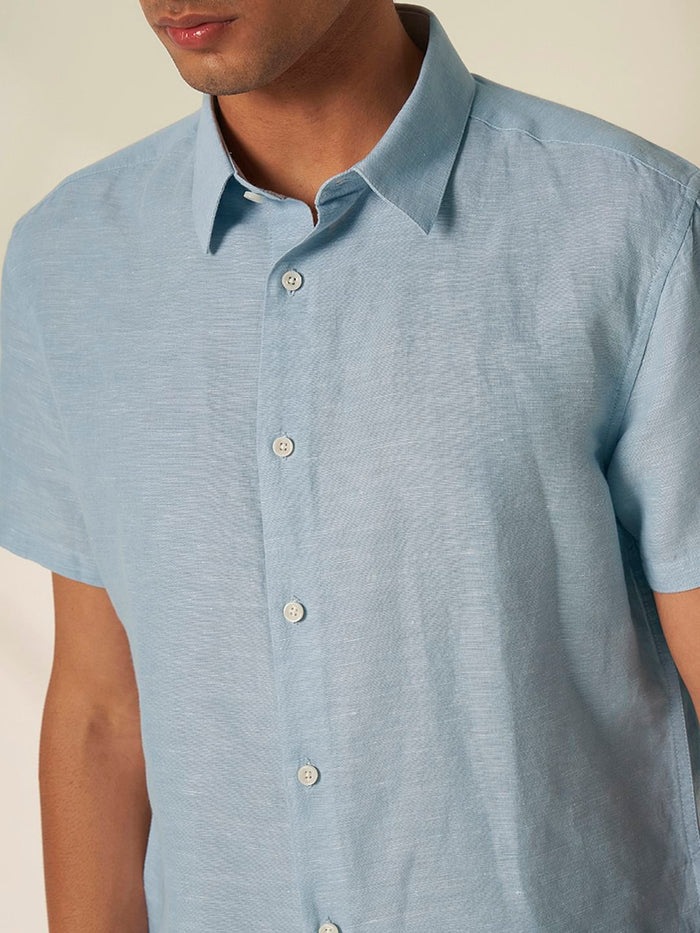 Blue Linen Cuban Collar Shirt