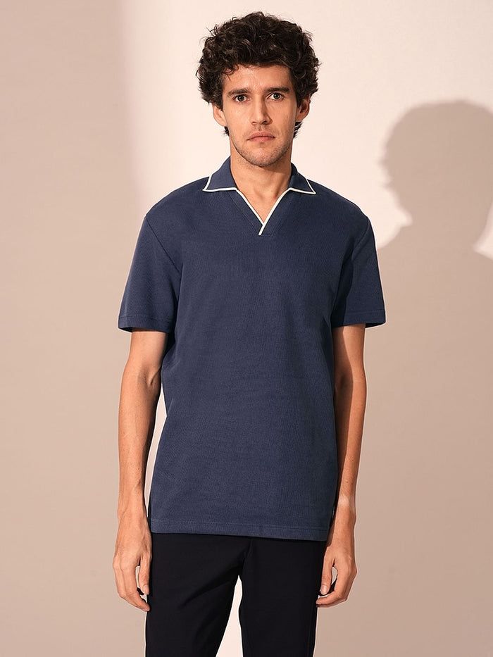 Blue Split Neck Organic Cotton Polo
