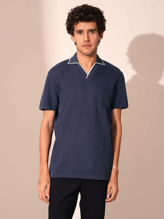 Blue Split Neck Organic Cotton Polo