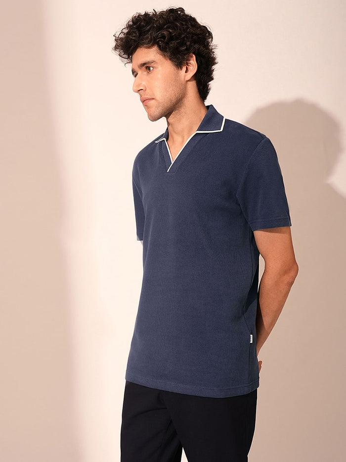 Blue Split Neck Organic Cotton Polo