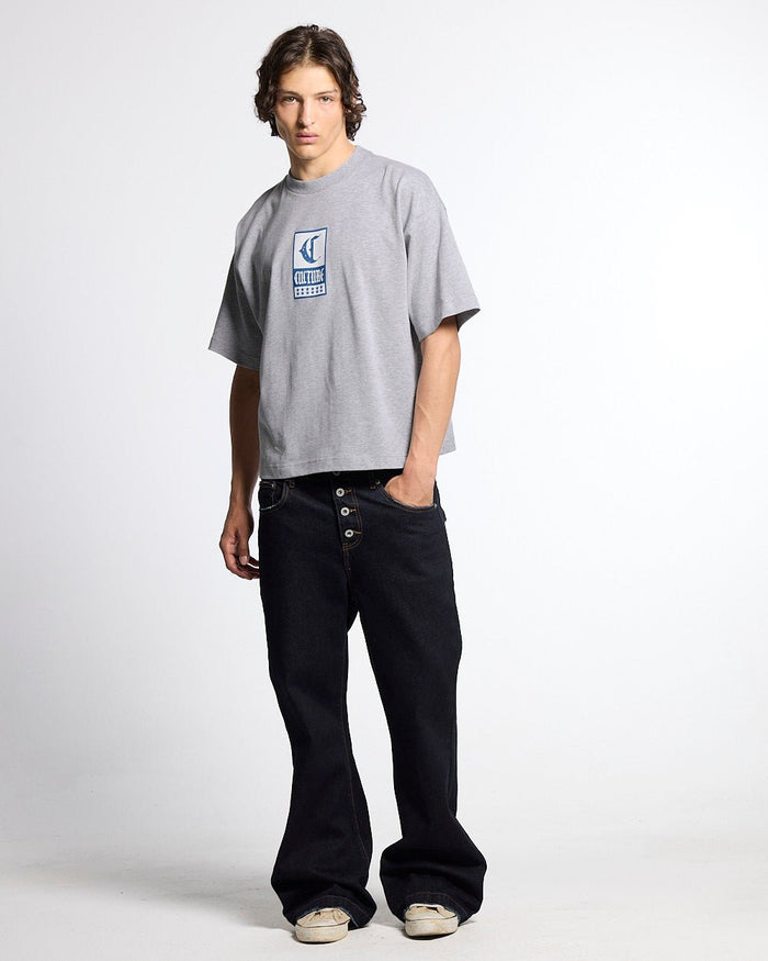 BLURRED V5 BOOTCUT PANTS RAW DENIM - raw denim bootcut pants, front view on male model - Cold Culture