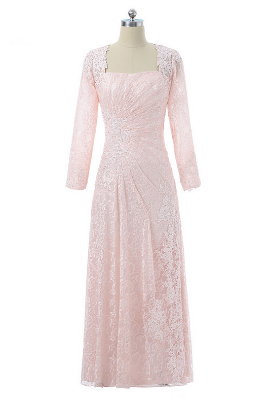 Blush Pink Lace Square Long Sleeve Mother of the Bride Dress
