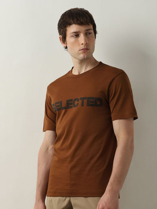 Brown Logo Print Crew Neck T-shirt