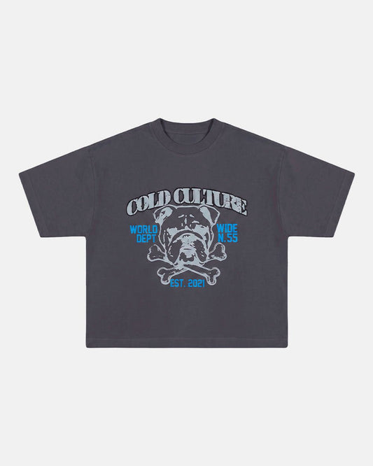 BULLDOG TEE DARK GREY - dark grey bulldog print tee, front view - Cold Culture