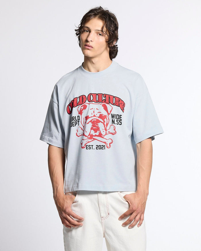 BULLDOG TEE LIGHT BLUE - light blue bulldog print tee, front view on male model - Cold Culture