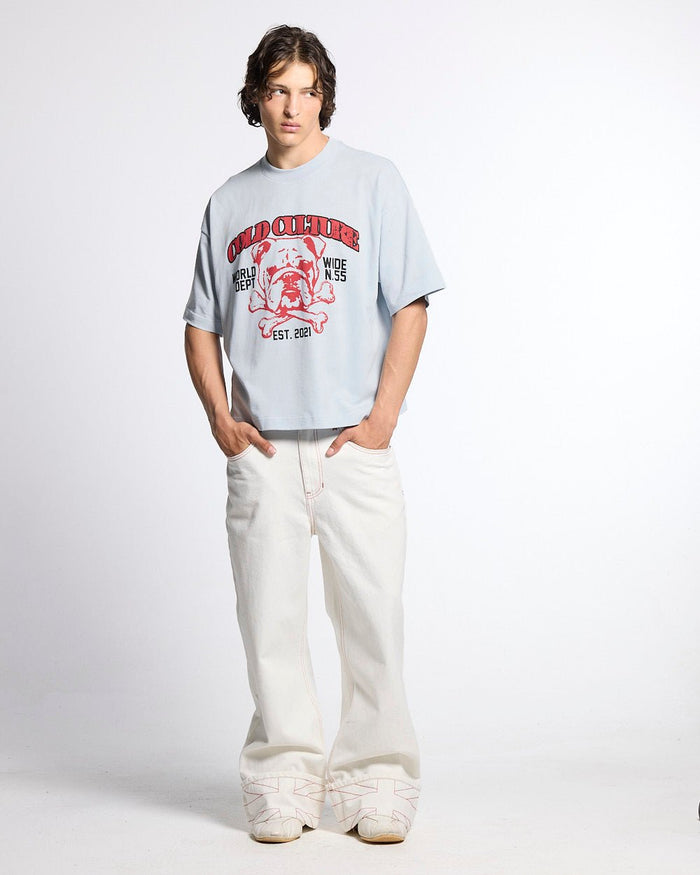 BULLDOG TEE LIGHT BLUE - light blue bulldog print tee, front view on male model - Cold Culture